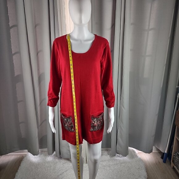Alfani Red Ruched 3/4 Sleeve Beaded Front Cotton Blend Tunic Sweater Size Large - Picture 6 of 11